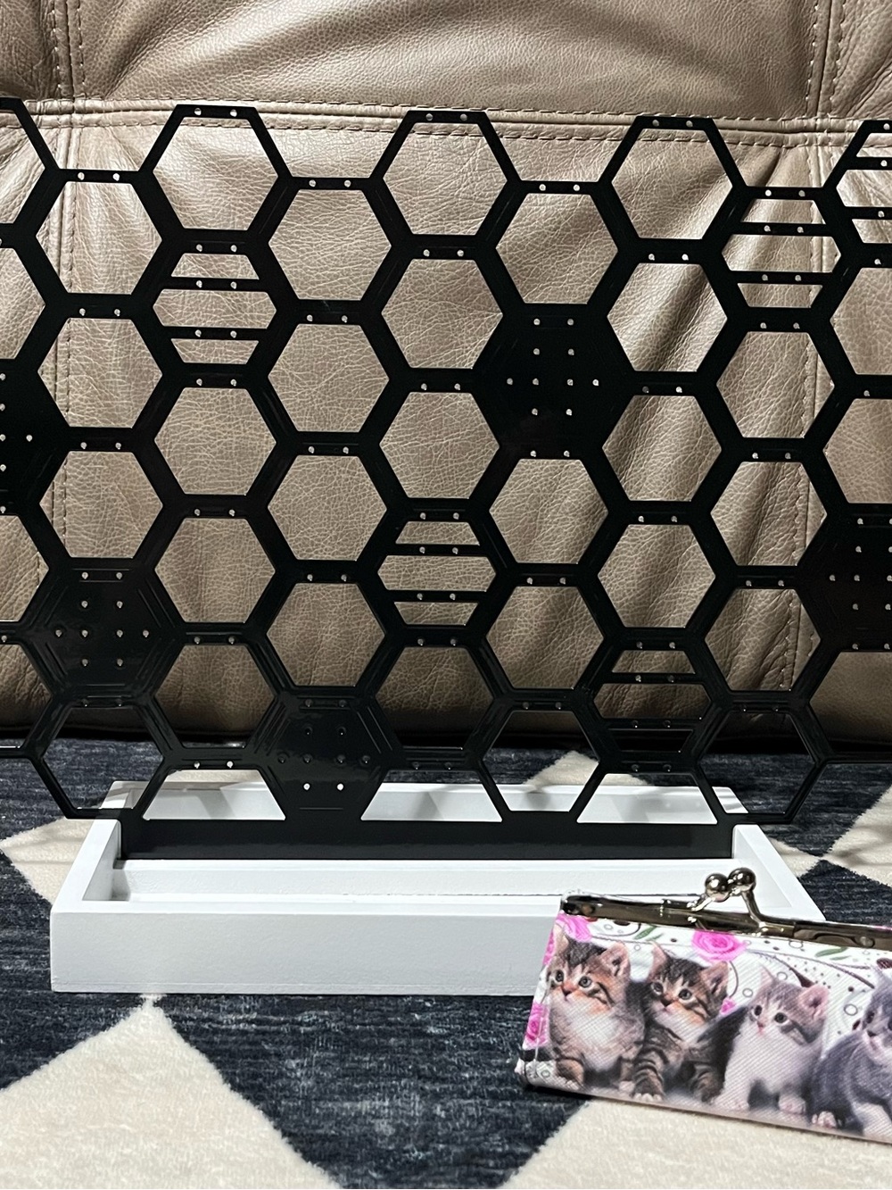 Black Hexagon Earring Display with White Base